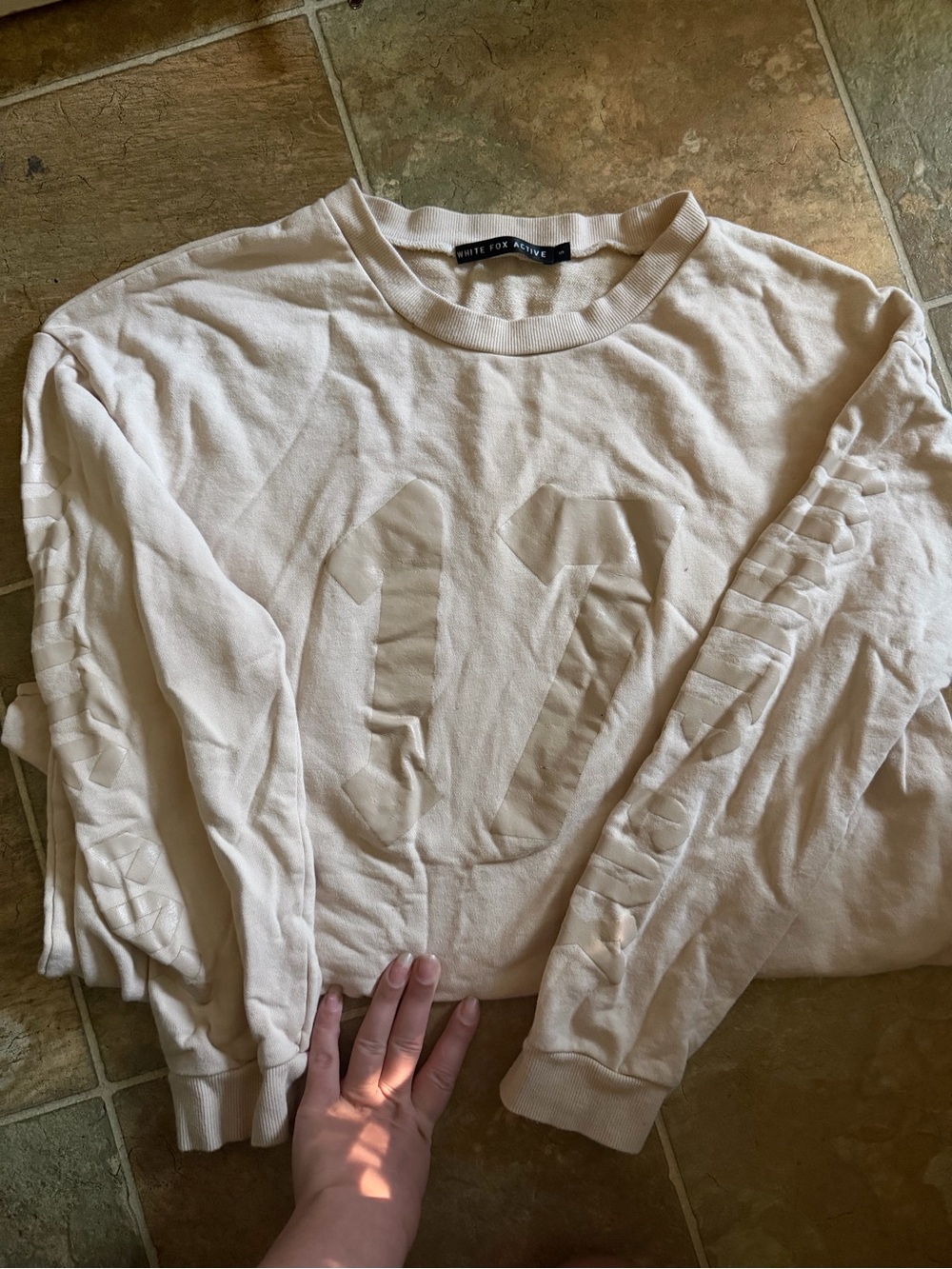 White Fox Boutique Cream Logo Crew Sweatshirt with Sleeve Detail